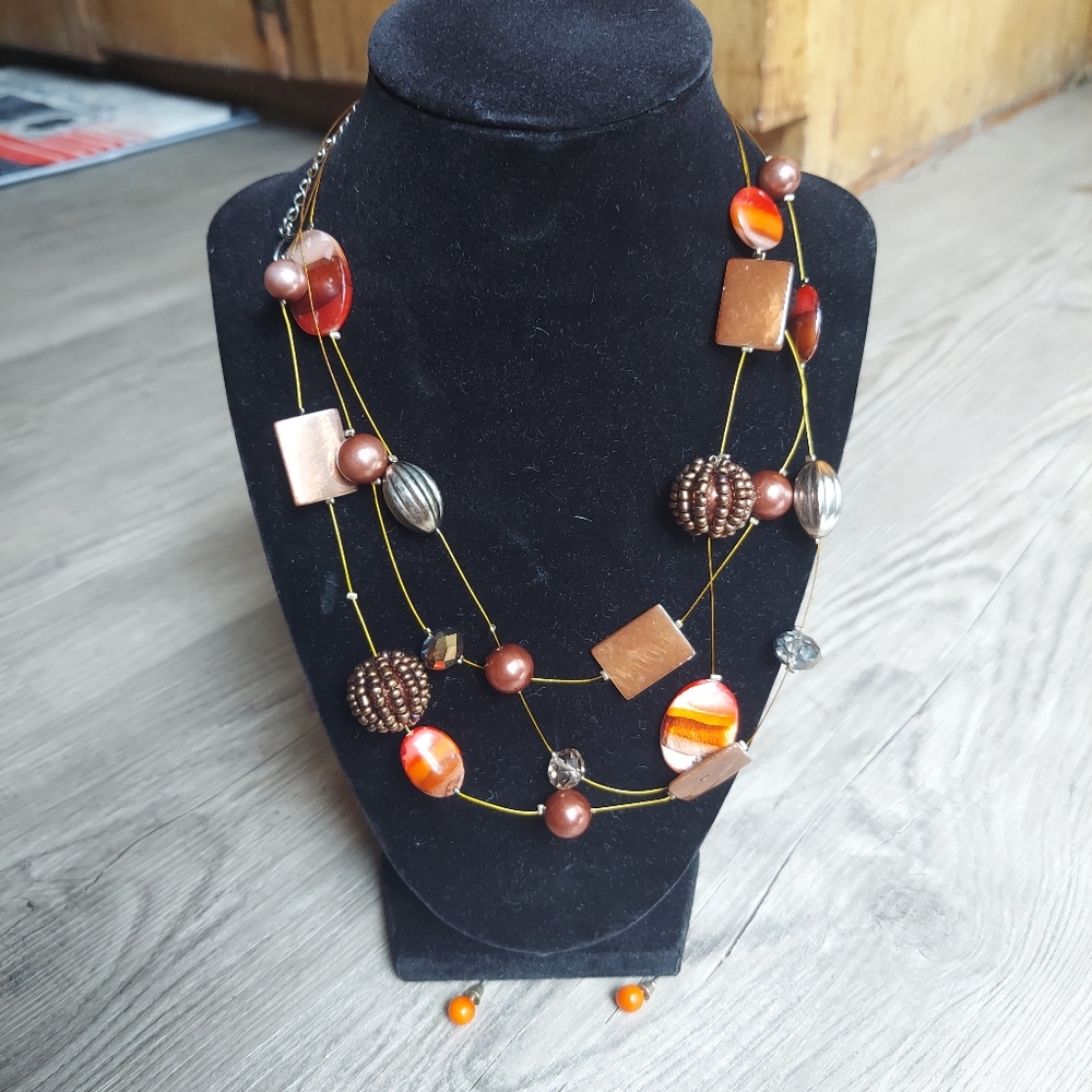 Erica Lyons Vintage Orange And Brown Chunky Statement Necklace and Earrings
